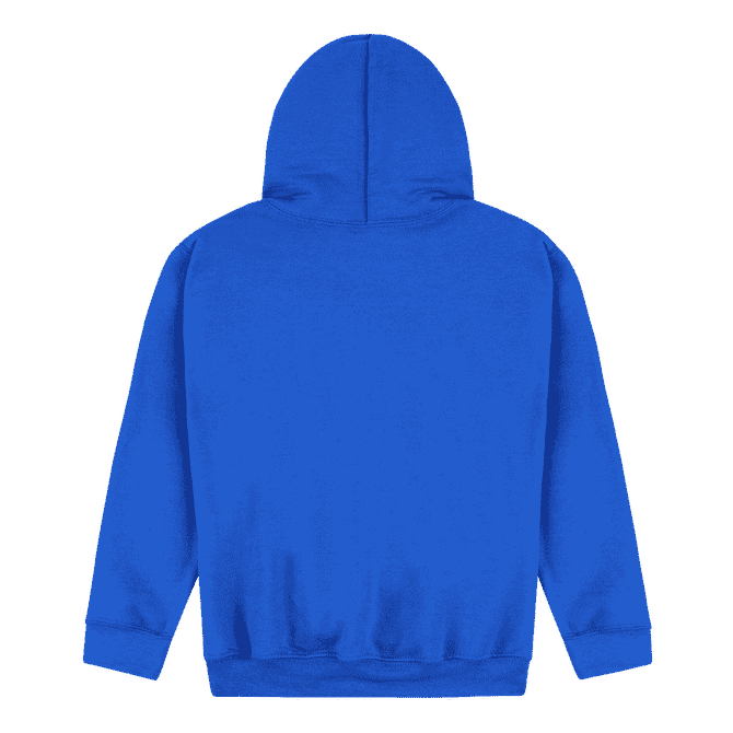 A blue youth hooded sweatshirt with a back view, featuring a hood and a simple design.