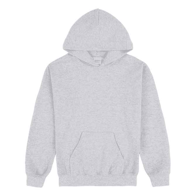 A grey youth hooded sweatshirt featuring a front pouch pocket and a matching drawstring hood.
