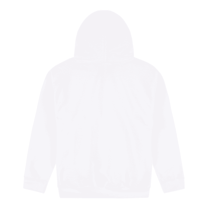 A white youth hooded sweatshirt with a simple design and a hood. It features a logo but is otherwise blank.