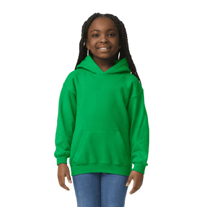 A green youth hooded sweatshirt with a front pocket and a large hood, displayed on a smiling child.