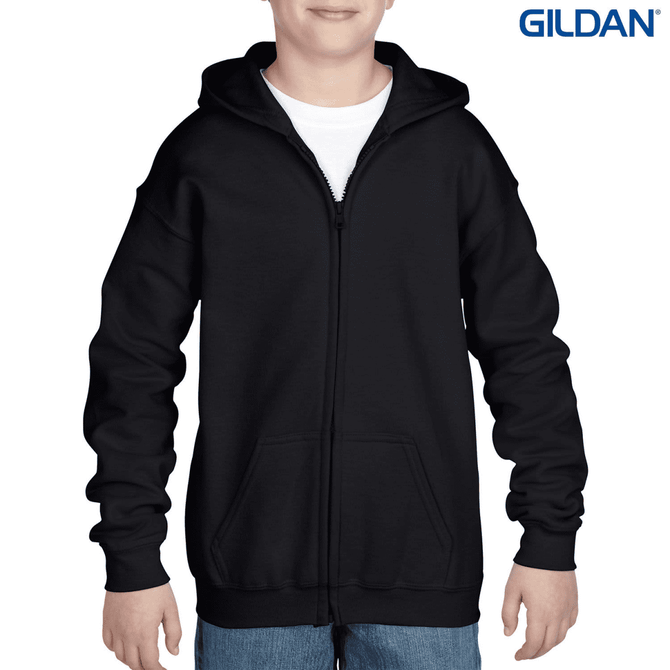 A black youth full zip hooded sweatshirt with a front pocket and a hood, featuring a logo on the top right.