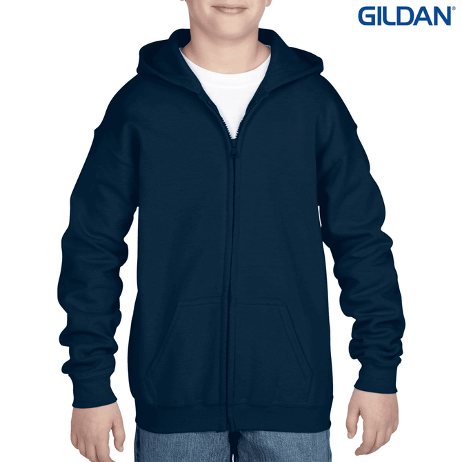A navy blue youth full zip hooded sweatshirt with a front pocket and a hood, featuring a logo.