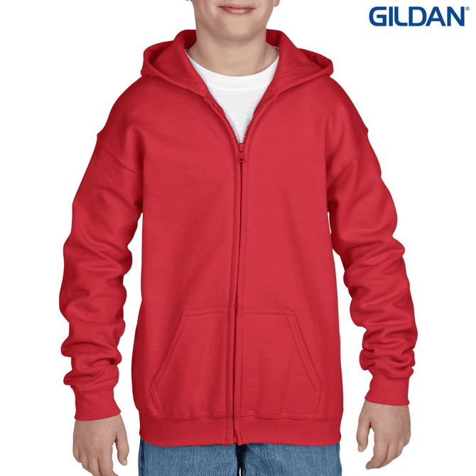 A red youth full zip hooded sweatshirt with a front pocket, featuring a logo on the upper right.