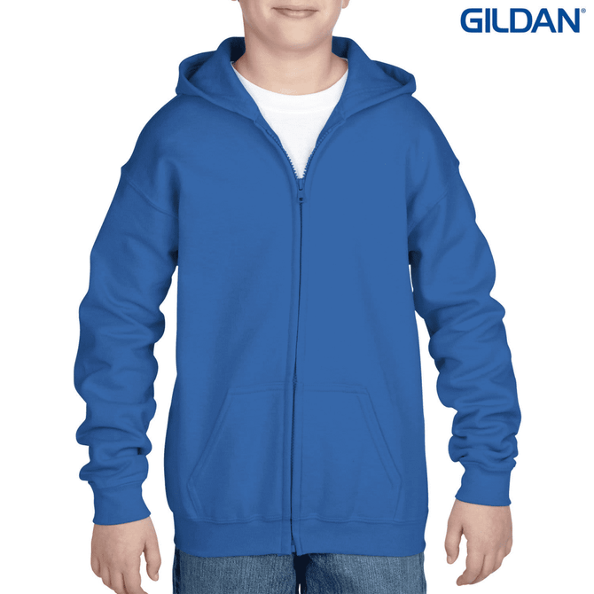 A blue youth full zip hooded sweatshirt with a front pocket and a logo on the upper corner.