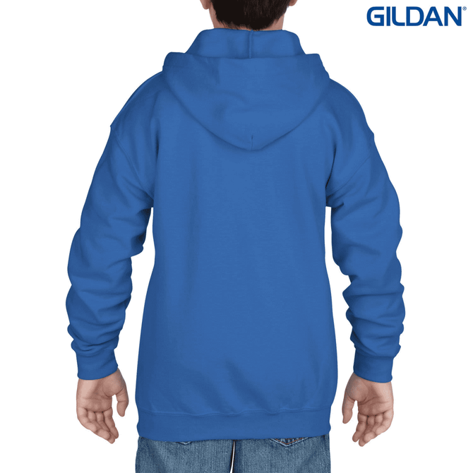 A blue youth full zip hooded sweatshirt with a hood, displayed from the back, featuring a logo on the top right.