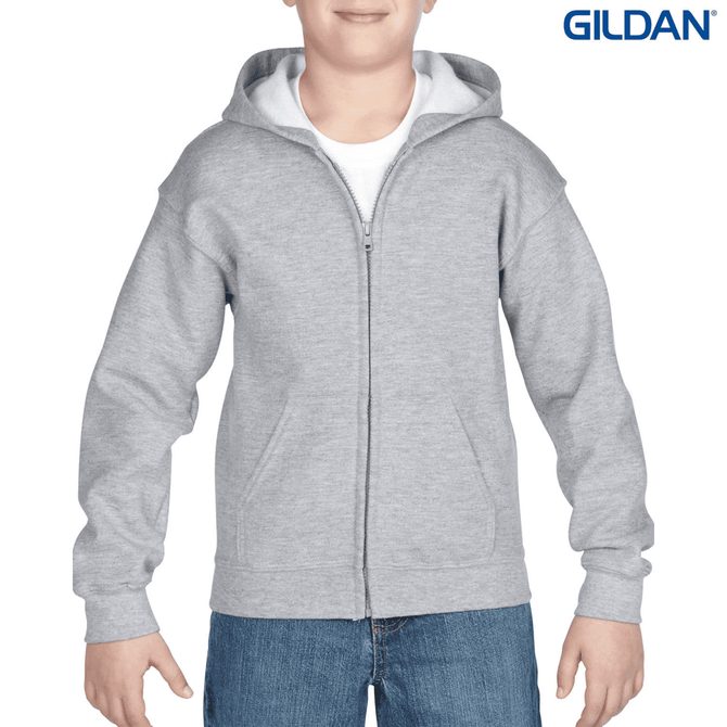 A grey youth full zip hooded sweatshirt with a hood and a logo at the top.