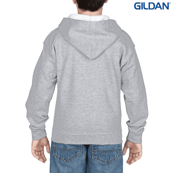 A grey youth full zip hooded sweatshirt, featuring a logo, displayed from the back on a model.