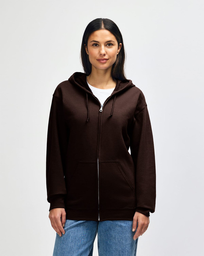 A full zip hooded sweatshirt in brown, featuring a front zipper and a hood, worn by a model.