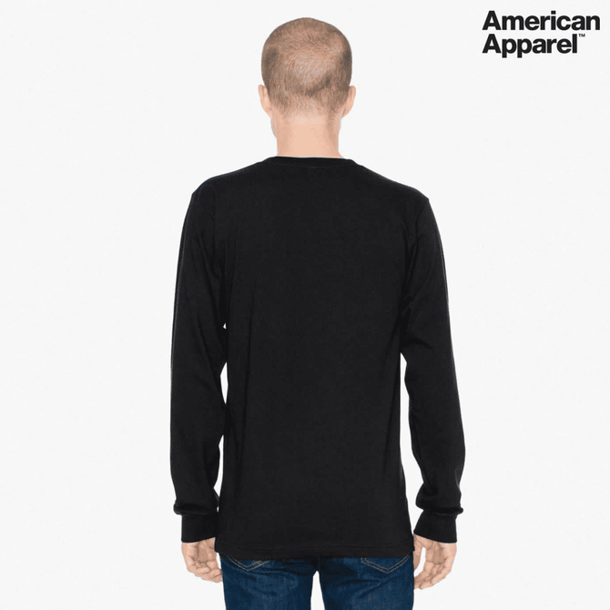 A black long sleeve fine jersey t-shirt displayed from the back, featuring a logo.