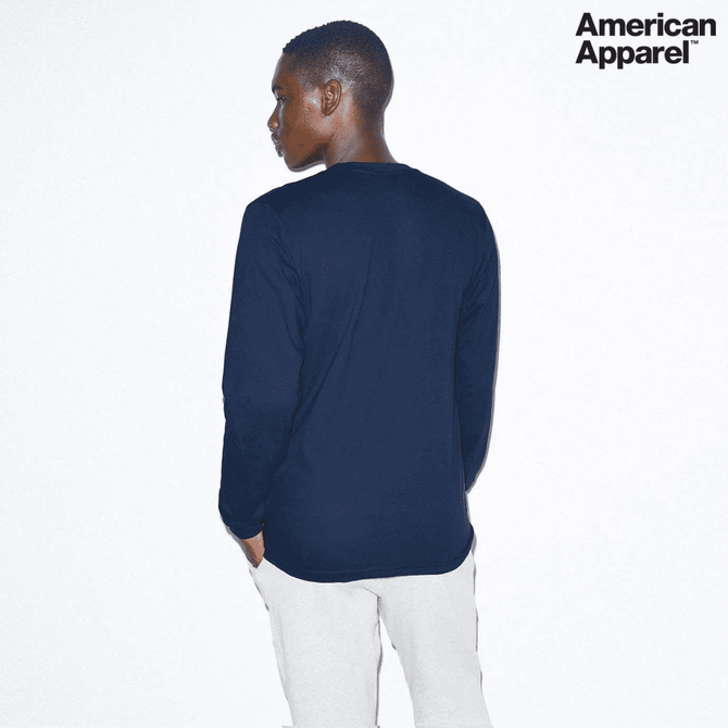 A long sleeve fine jersey t-shirt in navy blue, featuring a logo, viewed from the back.