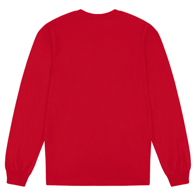 A red long sleeve fine jersey t-shirt with a plain back and fitted sleeves. It features a logo.
