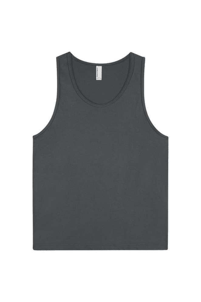 A dark grey unisex fine jersey tank top with a plain design and a label at the neckline.