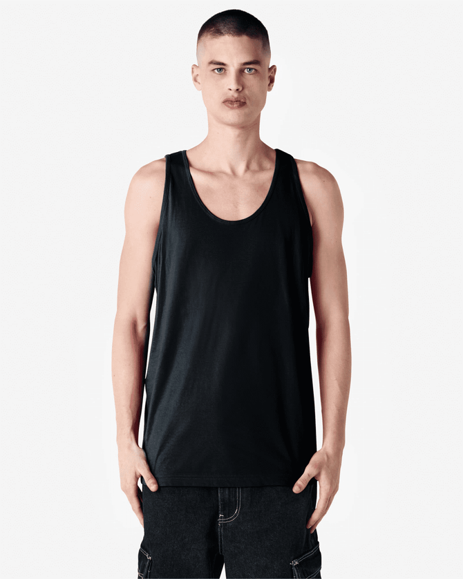 A unisex fine jersey tank in black, featuring a simple design and a logo. Ideal for casual wear.