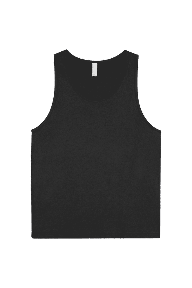 A black unisex fine jersey tank top with a neck label and no additional embellishments.