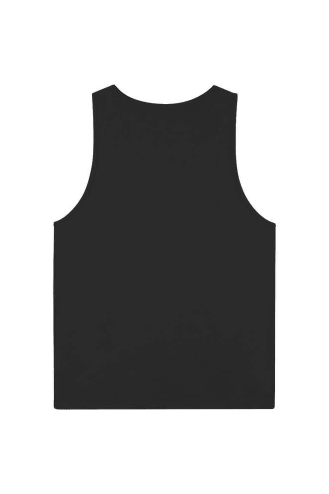 A black unisex fine jersey tank top with a plain back, featuring a logo.