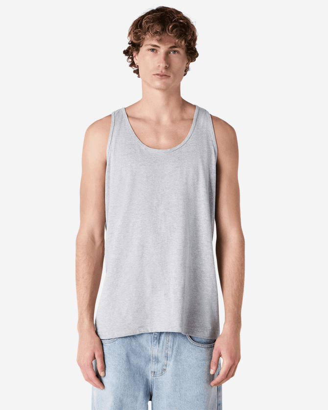 A grey unisex fine jersey tank top from American Apparel, featuring a simple design and no visible logos.
