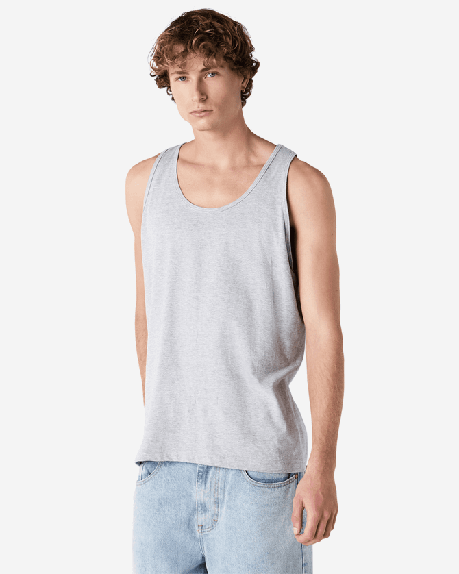 A grey unisex fine jersey tank top with a relaxed fit, featuring no visible logos or branding.