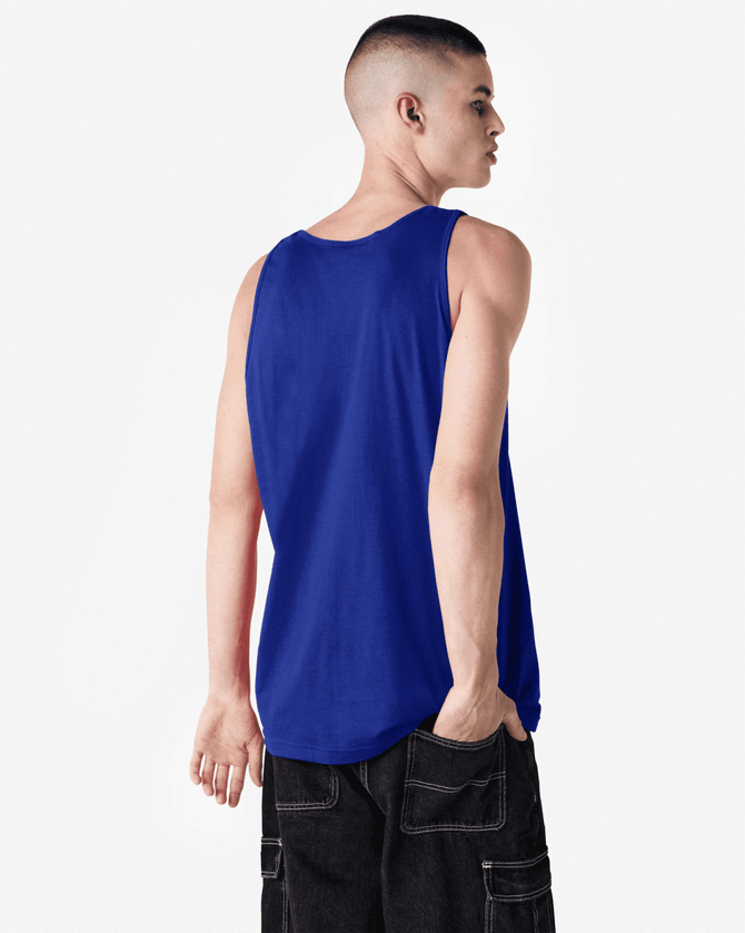 A unisex fine jersey tank in vibrant blue, featuring a simple design and a branding logo on the back.