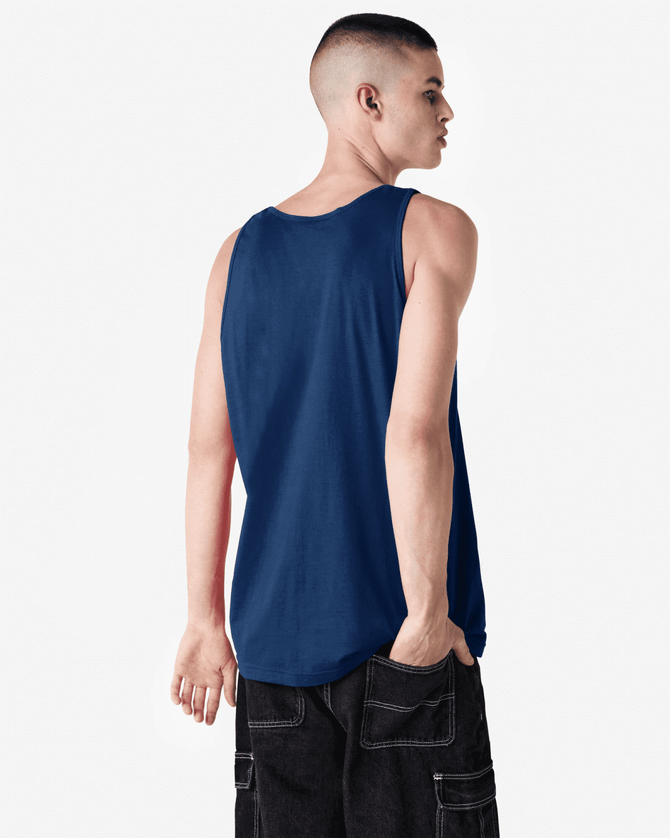 A unisex fine jersey tank in navy blue, featuring a back view with a relaxed fit. It has a logo on the back.