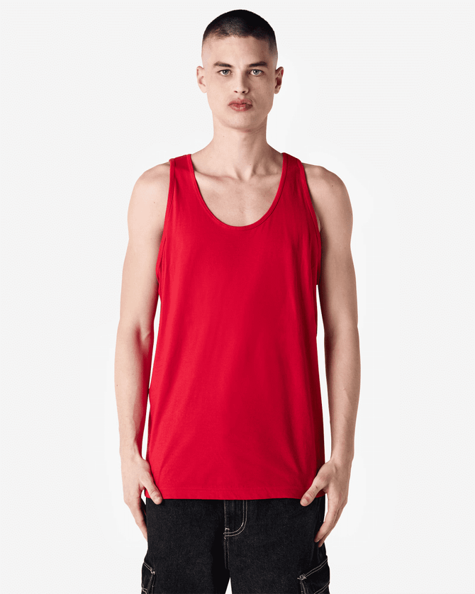 A red unisex fine jersey tank top with a round neckline, featuring a logo.