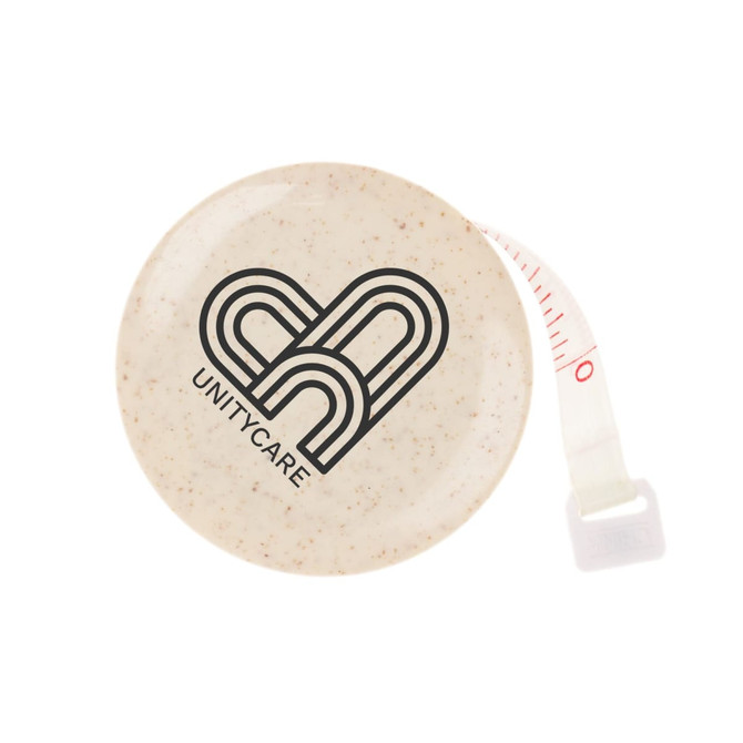 A beige tape measure with a retractable feature and a logo, featuring a white measuring tape.