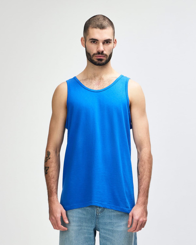 A blue Gildan Heavy Cotton adult singlet with a simple design and a logo on the front.
