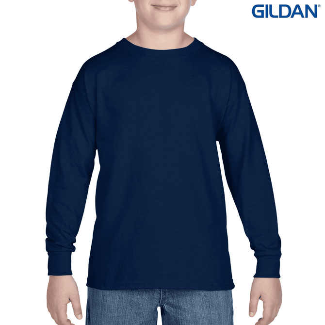 A navy long sleeve youth T-shirt with a logo, displayed on a plain background.