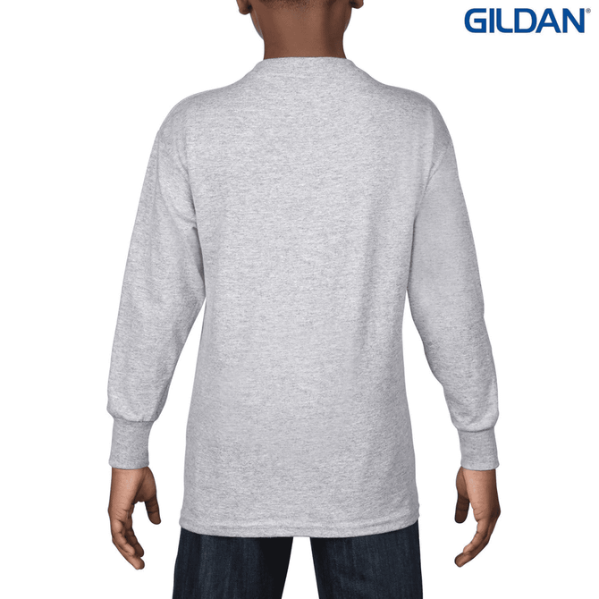 A grey long sleeve youth T-shirt featuring a logo, displayed from the back on a model.