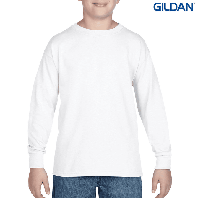 A white long sleeve youth t-shirt with a round neck, featuring a logo on the top right corner.