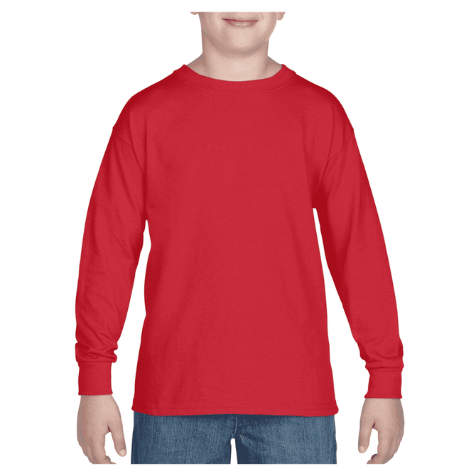 A red long sleeve t-shirt for youth, featuring a classic fit and has a branding logo.