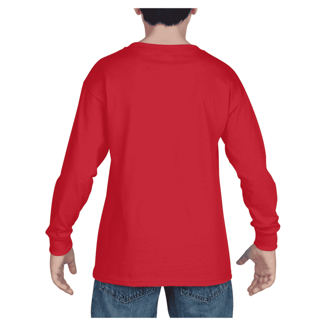 A red long sleeve youth t-shirt displayed on a model, featuring a plain back view.