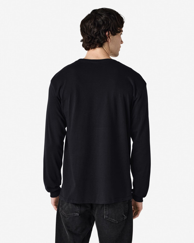 A black long sleeve T-shirt featuring a simple design and a brand logo on the back.
