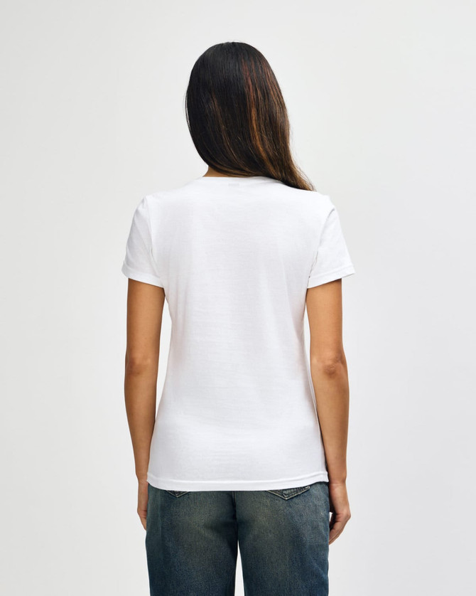 A white ladies' V-neck T-shirt displayed from the back, featuring a fitted design and simple style.