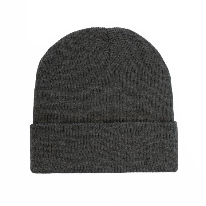 A grey cuffed knitted beanie with a simple design and a logo on it. Perfect for headwear collections.