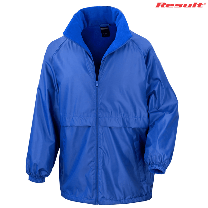 A blue rain jacket with a zip front and a high collar, featuring elasticated cuffs and a branding logo.