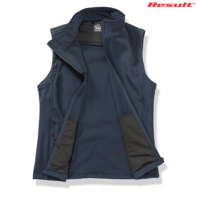 A navy softshell vest with a zip front and side pockets, featuring a logo. Ideal for layering in cooler weather.