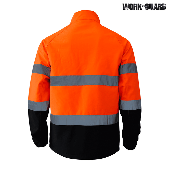 A vibrant orange and black safety softshell jacket featuring reflective strips and a logo.