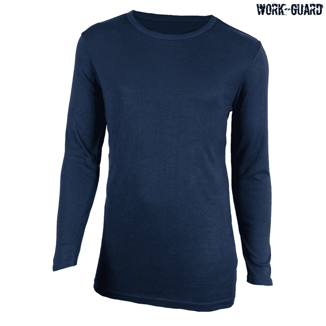 A long-sleeve round neck thermal shirt in navy blue, featuring a logo.