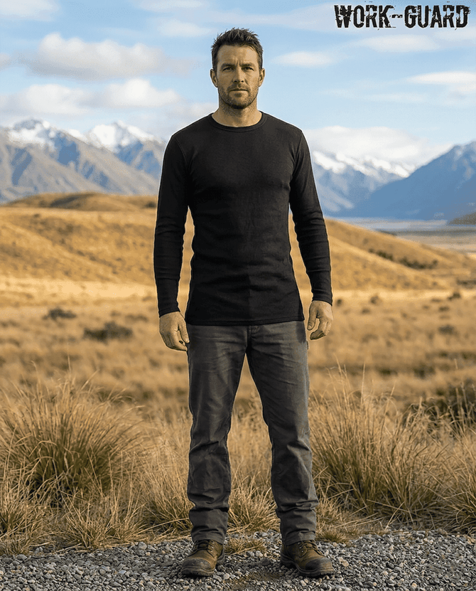 A man stands outdoors wearing a black long-sleeve thermal shirt and grey trousers, with mountains in the background.