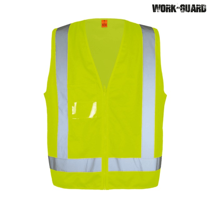 A high-visibility safety vest in bright yellow with reflective stripes, featuring a front pocket and a zip closure.