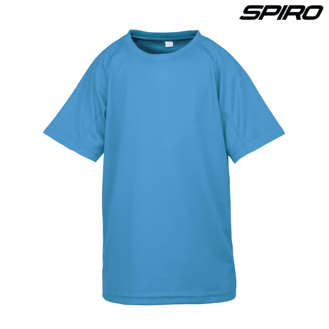 A light blue Youth Impact Performance Aircool T-Shirt featuring short sleeves and a brand logo.