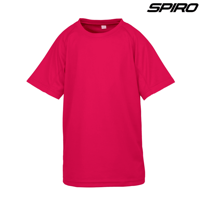 A pink youth performance T-shirt with short sleeves and a round neck, featuring a logo.
