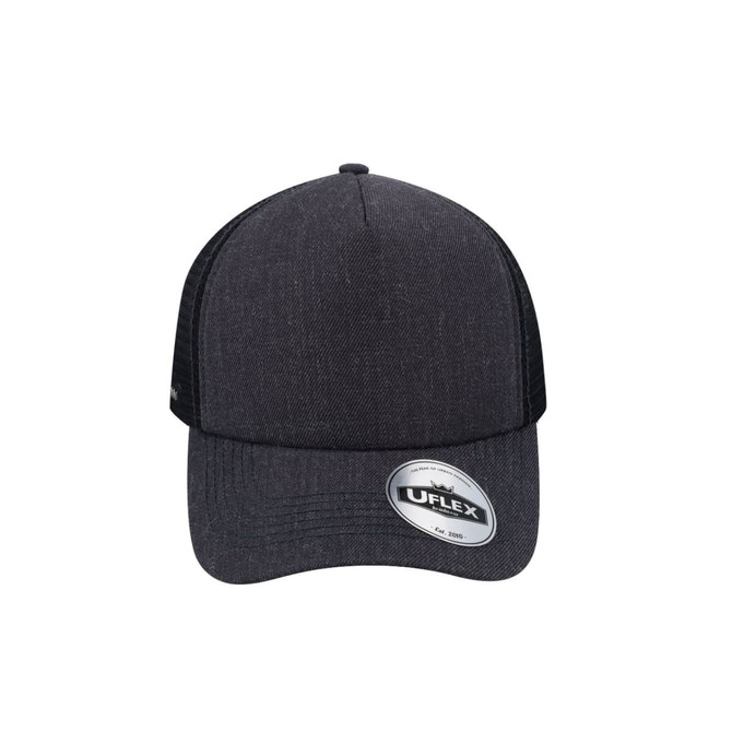A dark grey trucker cap with a solid front panel and mesh side panels, featuring a logo on the side.