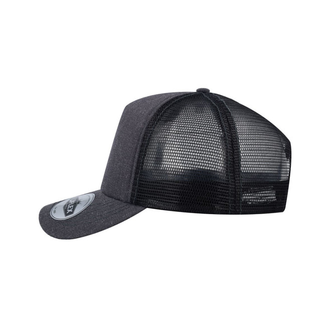 A grey trucker cap with a mesh back and a flat brim, featuring a logo.