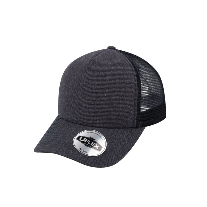 A grey trucker cap with a solid front and mesh back, featuring a round logo on the brim.