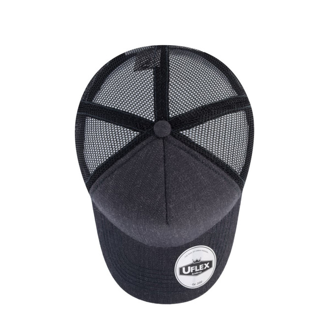 A grey trucker cap with a mesh back and a circular logo at the front.