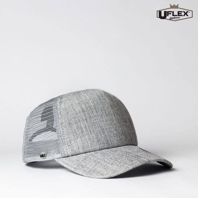 A grey trucker cap with a mesh back and an adjustable fit, featuring a branding logo.