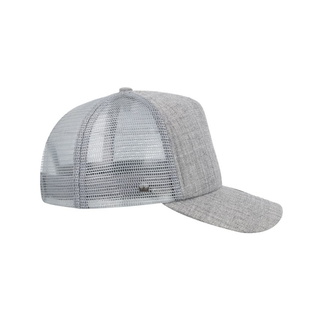 A grey trucker cap featuring a mesh back and a curved brim, complete with a logo at the side.