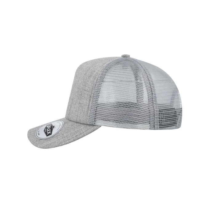 A grey trucker cap featuring a mesh back and a branded patch on the side.