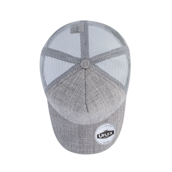 A grey UFlex Snap Back Trucker cap with a mesh back and a logo on the front.